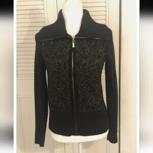 White House Black Market Cardigan Sweater Jacket Full Zip, Size Small Black/Gold